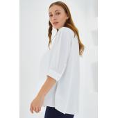 Kadın Beyaz Gömlek Yaka Saten Bluz 0493