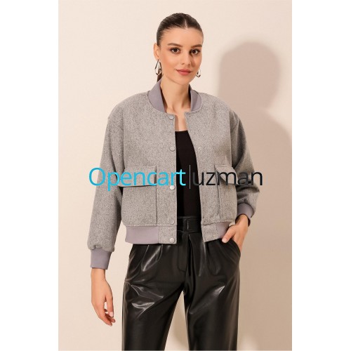 0688 Çift Cepli Bomber Ceket - Gri