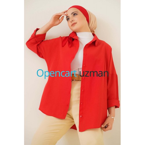 103901 Oversize Basic Tesettür Gömlek - Kırmızı