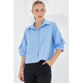 Kadın Kol Detaylı Mavi Crop Gömlek 20246
